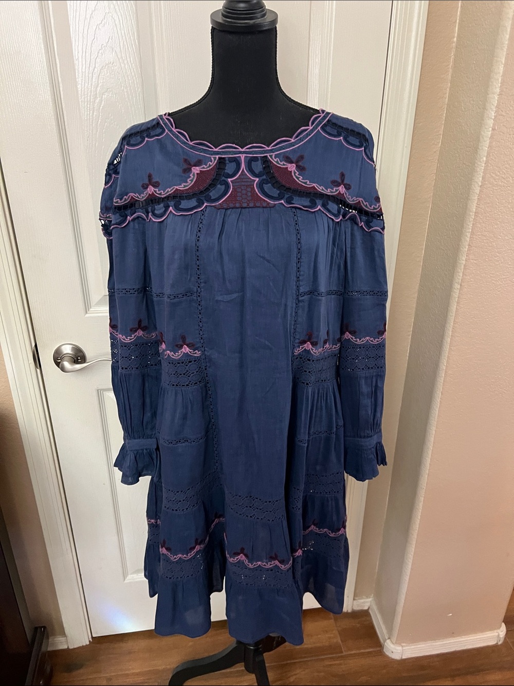 Johnny Was Navy Blue Embroidered Long Sleeve Dress with Pink Trim